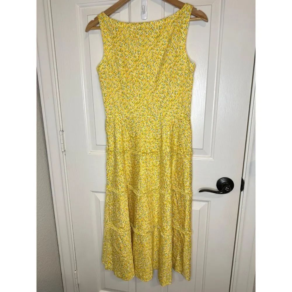 Y2K Liz Claiborne Yellow White Tulip Floral Print Tiered Ruffle Midi Dress Sz 6 - Picture 4 of 9